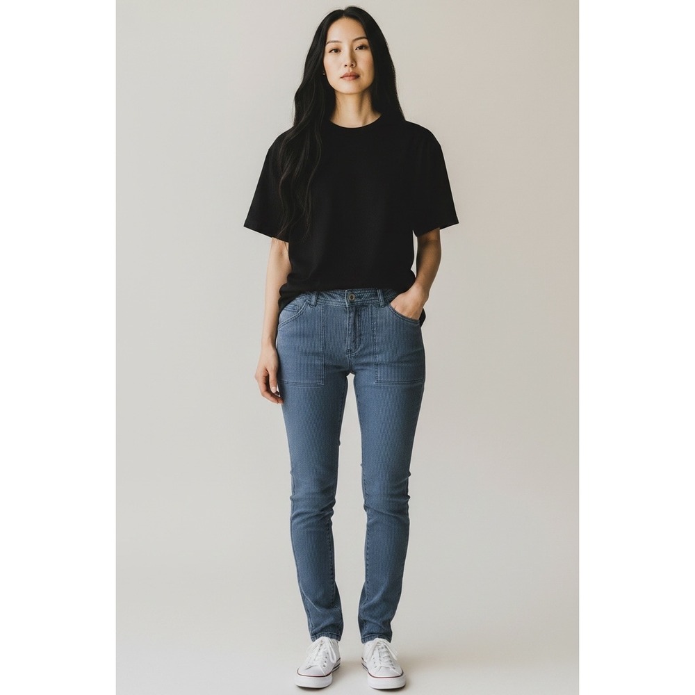 Free People Ticking Stripe Utility Skinny Jeans Blue White Size 28
